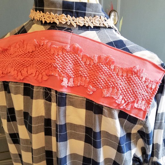 Upcycled & Embellished Blue Plaid Shirt/Tunic - Picture 1 of 6